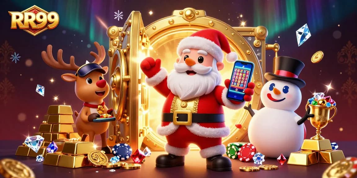 Experience the excitement of RR99 casino adventures with a festive 3D Santa and reindeer at a jackpot