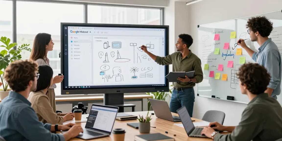 Collaboration using Google Mixboard in a modern office setting with professionals brainstorming ideas.