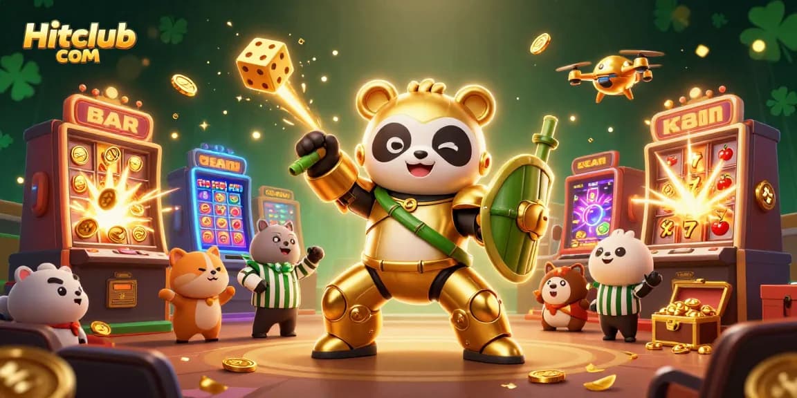 Experience excitement at Hitclub com with a golden panda piloting a robot in a lively casino scene.