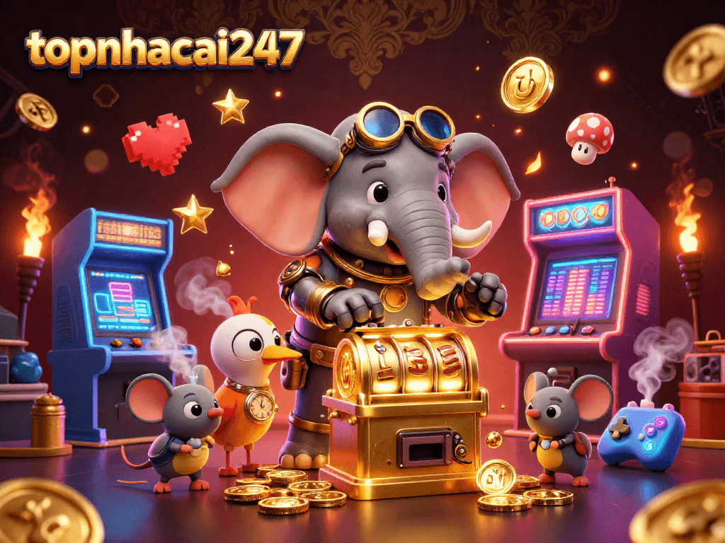 Experience the thrill of gaming with topnhacai247 in a vibrant casino scene featuring steampunk elements.
