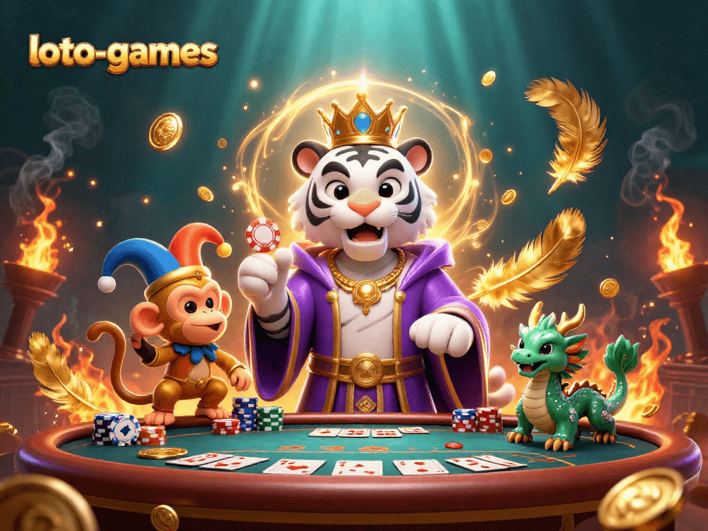 Loto-games elevates the excitement of winning at poker with a vibrant scene showcasing a majestic white tiger.