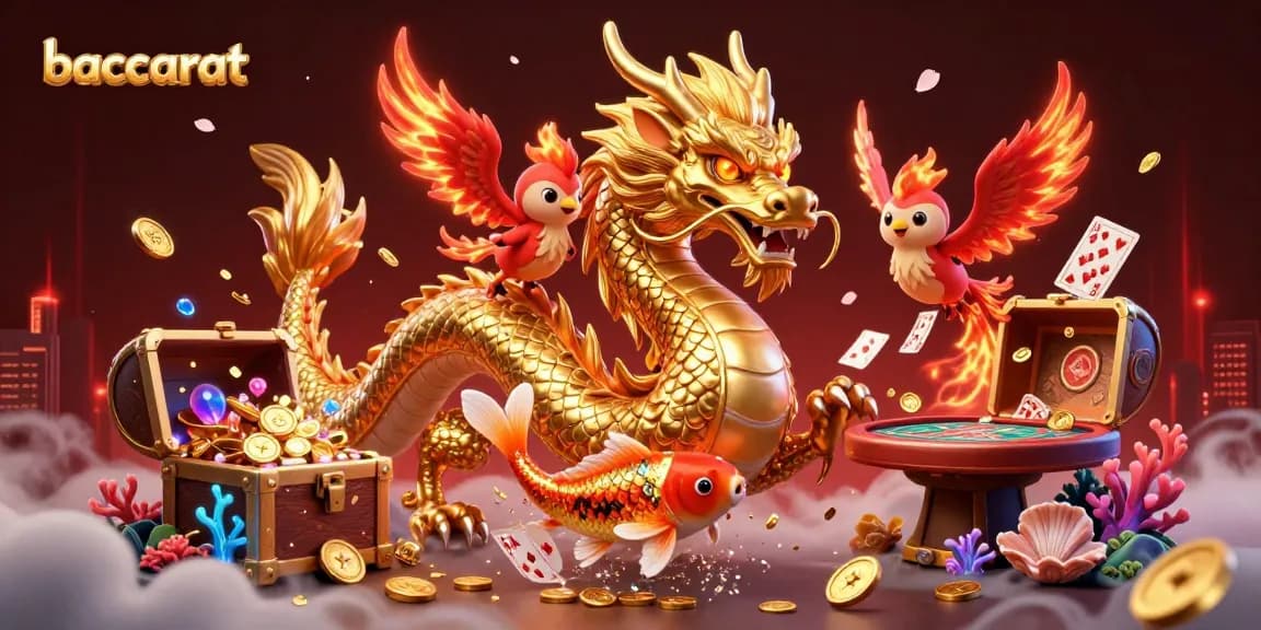 Baccarat scene showcasing a fierce dragon, phoenix, and koi fish amidst casino elements and vibrant colors.