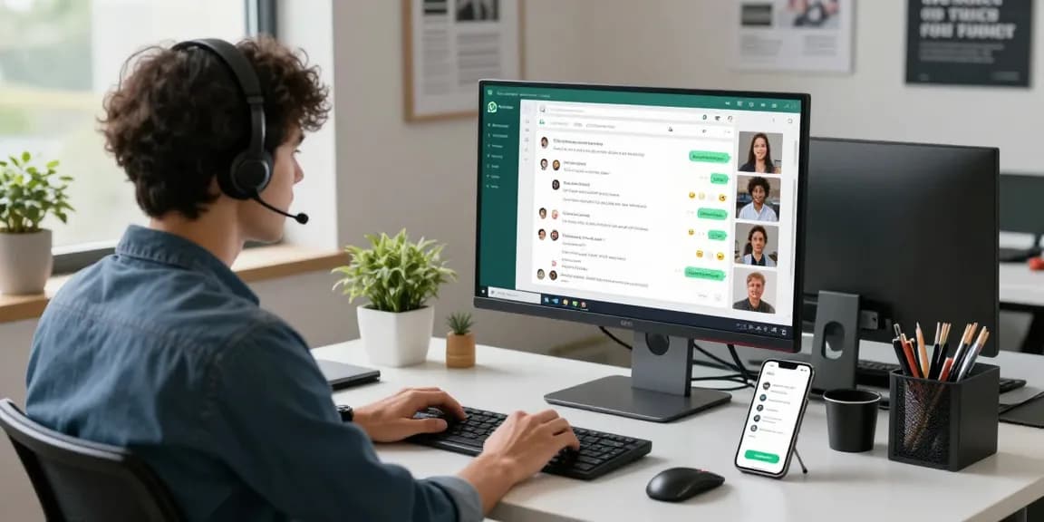 Person engaging with WhatsApp電腦版 on a sleek desktop setup highlighting productivity and modern tech.