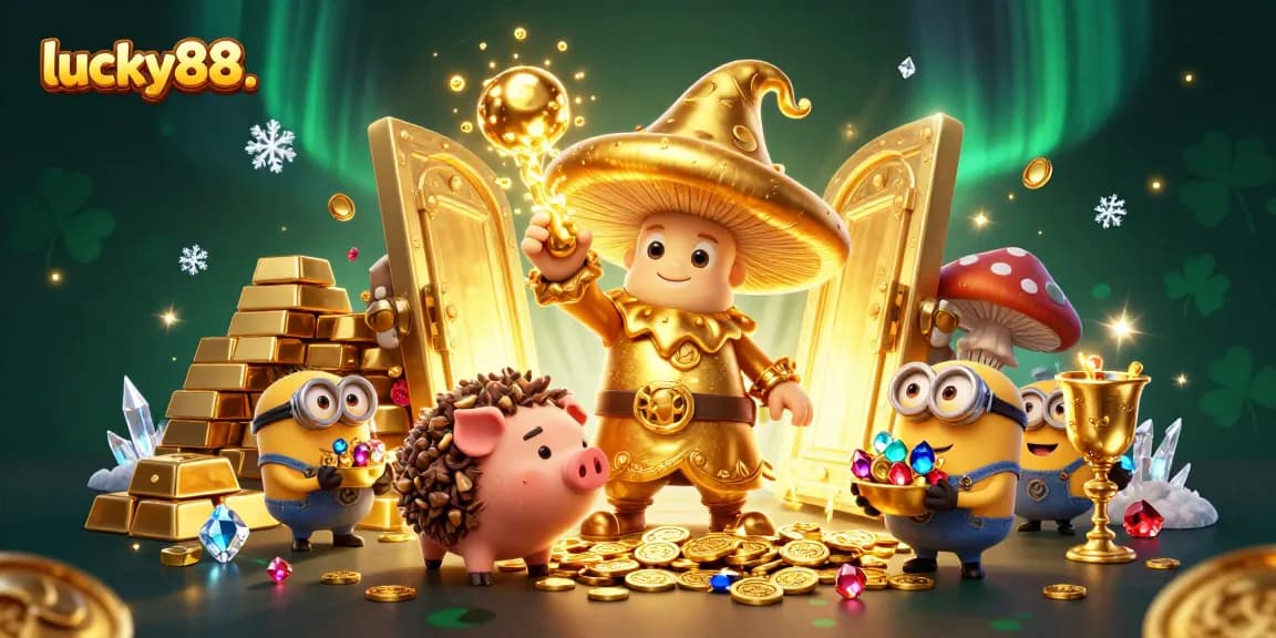 Engage with lucky88. in a vibrant 3D scene featuring golden treasures, characters, and casino elements.