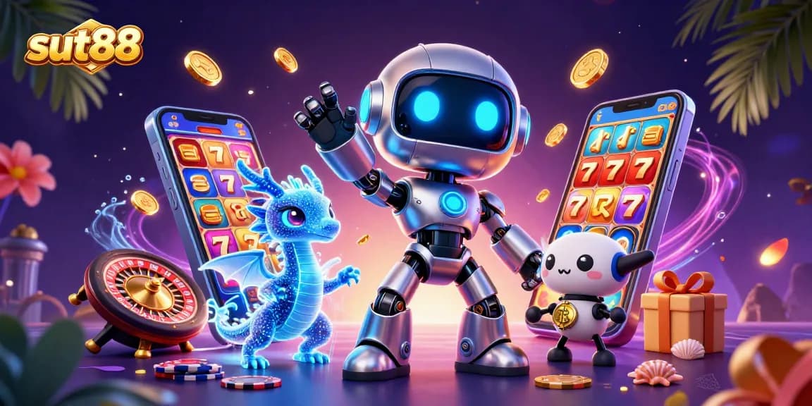 Engage in thrilling casino action with sut88's dynamic mascot and vibrant game elements.