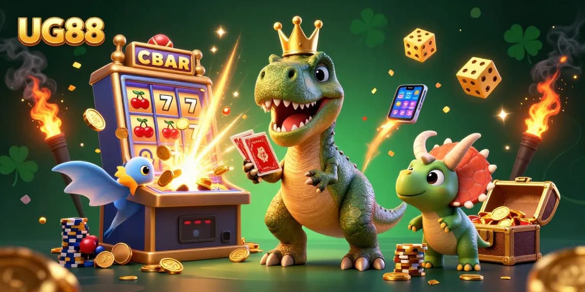 Engage with the thrilling world of UG88 through this colorful 3D illustration showcasing a card-playing T-Rex at a casino.