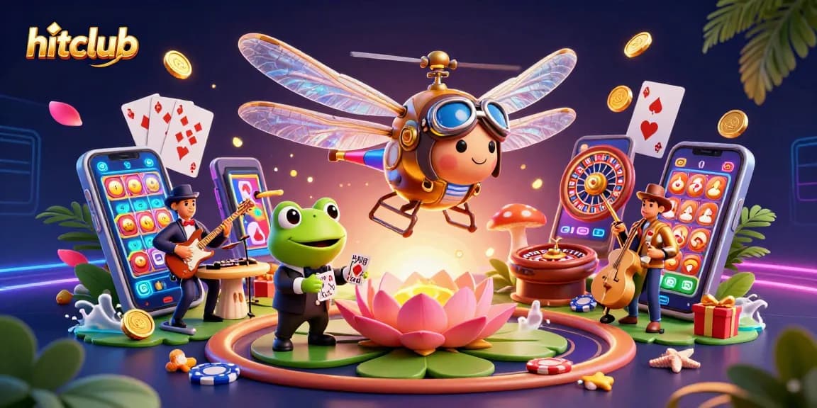 Hitclub offers a vibrant scene with a dragonfly pilot and frog dealer in a whimsical casino.