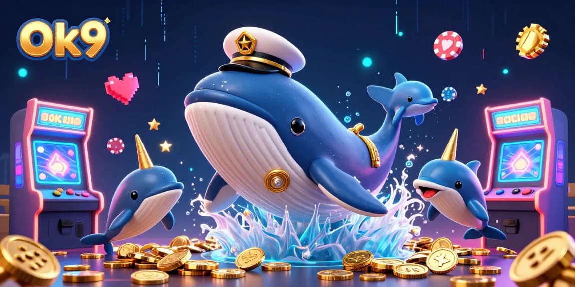 Engage in thrilling games at Ok9 Casino with a lively scene of a whale, narwhal, and dolphins.
