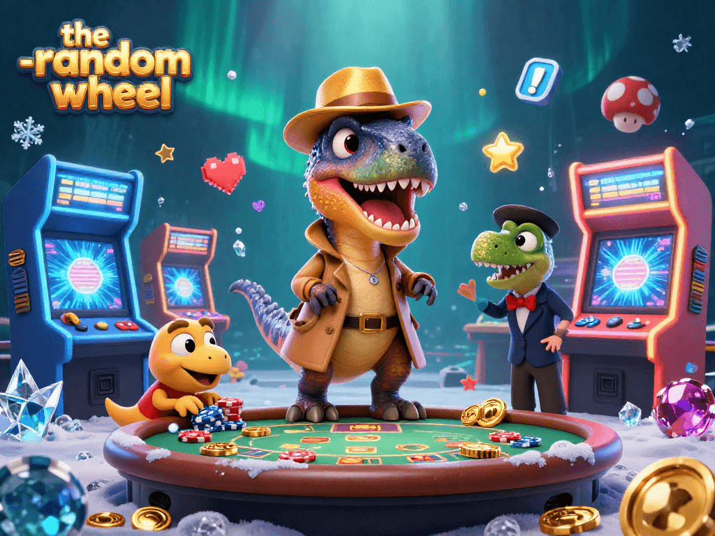 Experience the-random-wheel with our playful velociraptor card counter and a stegosaurus pit boss in this vibrant casino scene.