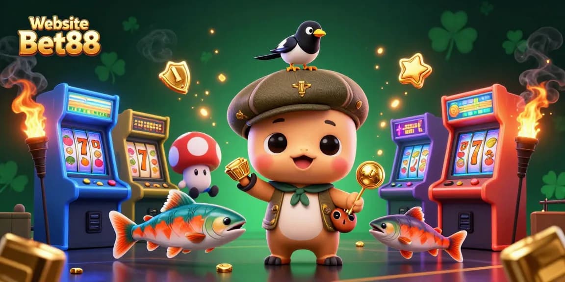 Join the fun at Website Bet88 with this playful illustration of cute characters and vibrant casino elements.