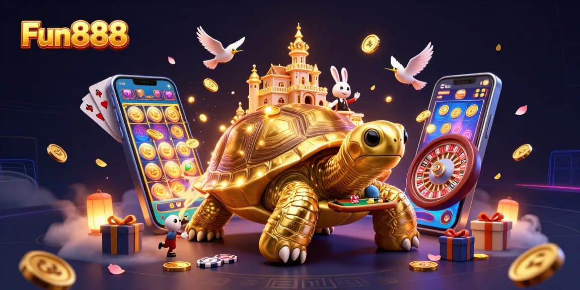 Win big at Fun888 with vibrant 3D characters, coins, and a lively casino atmosphere.