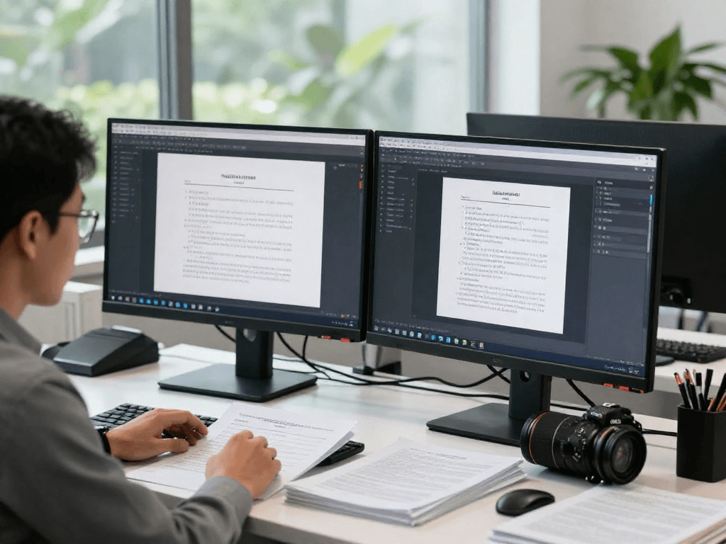 Expert scrutinizing documents for document fraud detection in a modern office.
