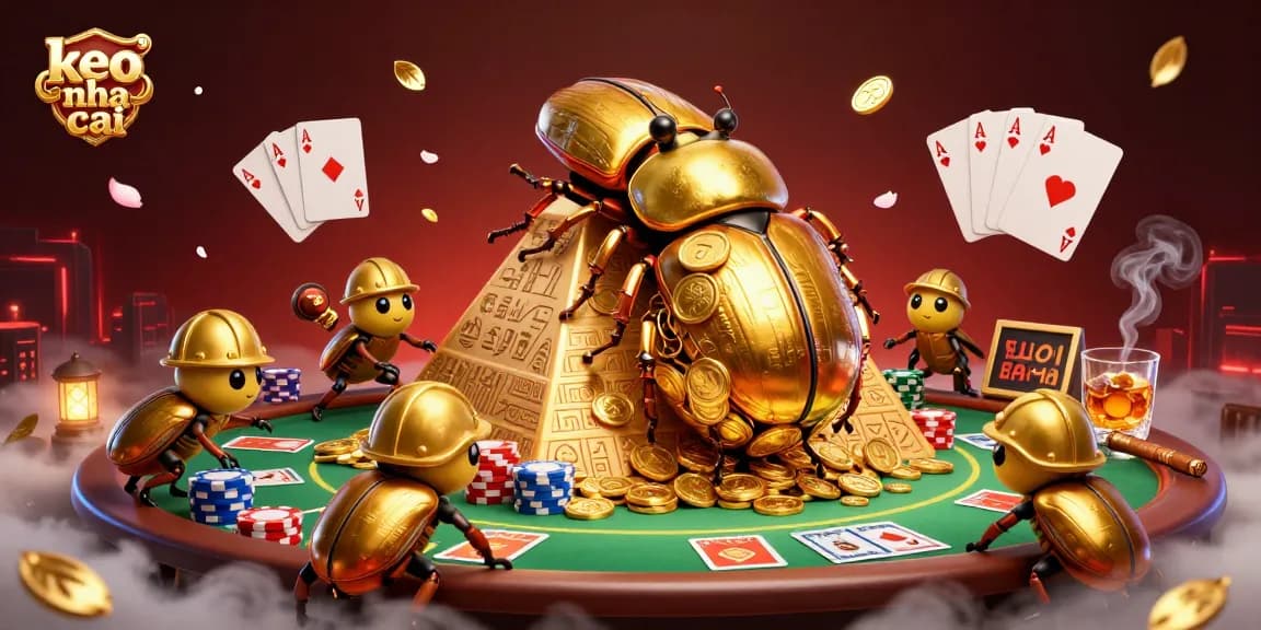 Bet on keo nha cai as a golden beetle rolls a coin ball towards a majestic pyramid.
