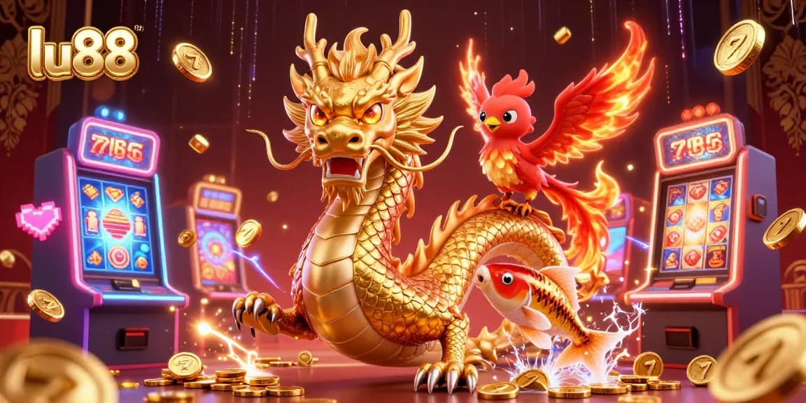 Experience the excitement of lu88 with a vibrant casino scene featuring a golden dragon, red phoenix, and koi fish.