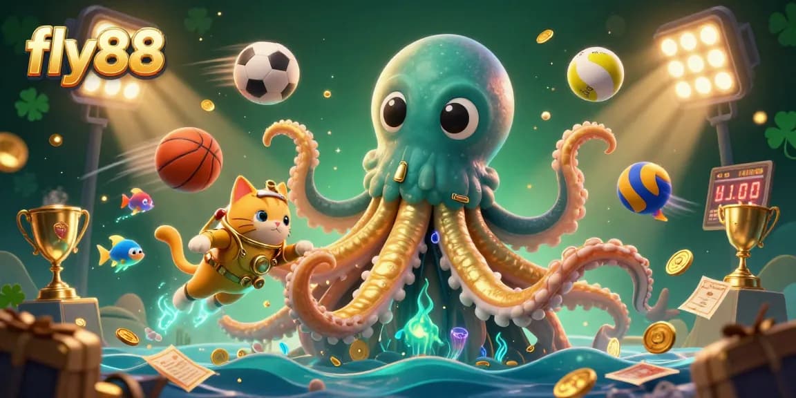 Experience fly88 excitement with a vibrant 3D illustration featuring a kraken, diving cat, and deep-sea elements.