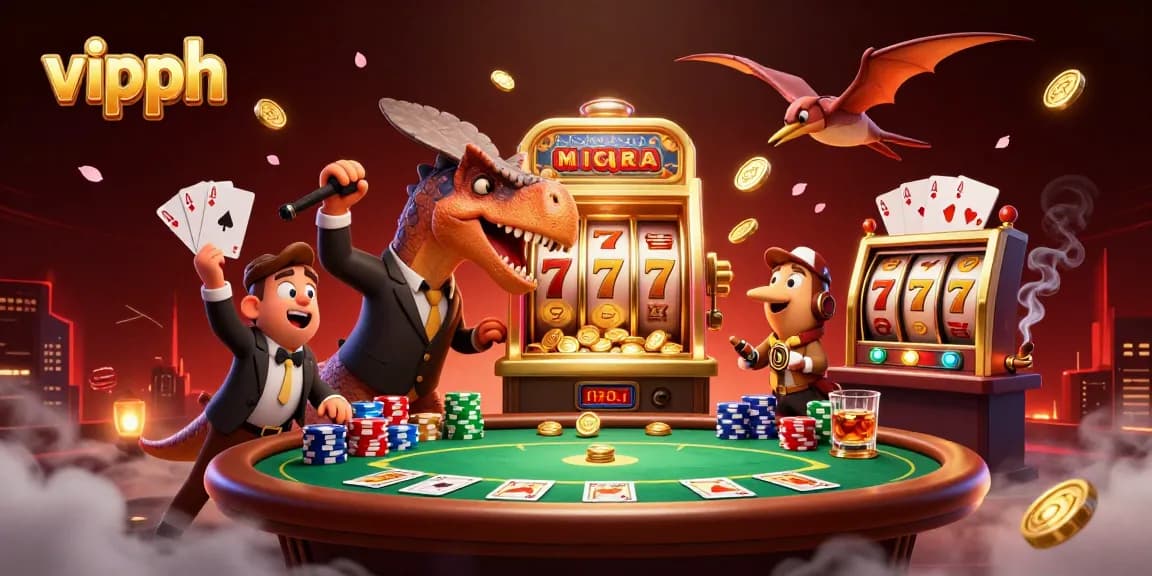 Witness the vipph casino charm as a dinosaur and pteranodon interact with a jackpot slot machine amidst poker excitement.