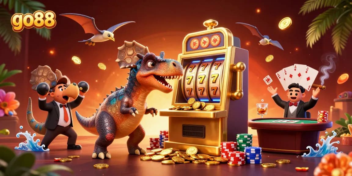 Go88 features a thrilling scene with animated dinosaurs and casino elements, embracing the excitement of online gaming.