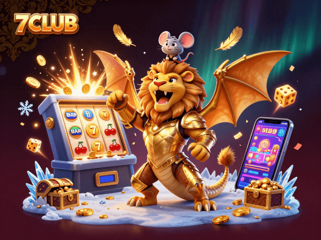 Experience thrilling jackpots and vibrant games at 7CLUB with an engaging 3D illustration featuring exciting casino elements.