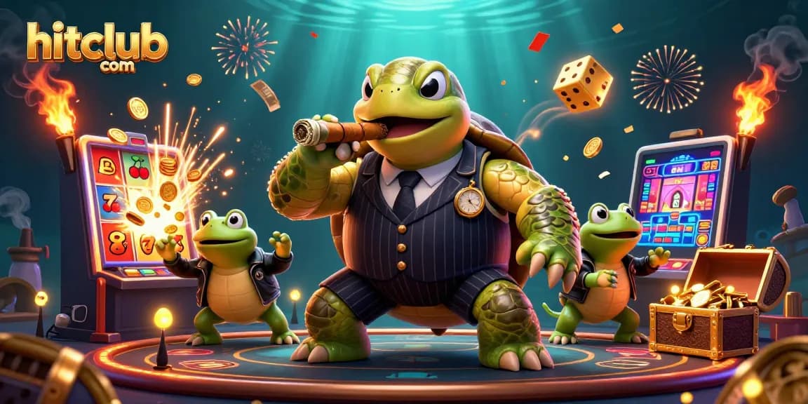 Join the fun at hitclub com, where a snapping turtle in a vintage suit celebrates a big jackpot!