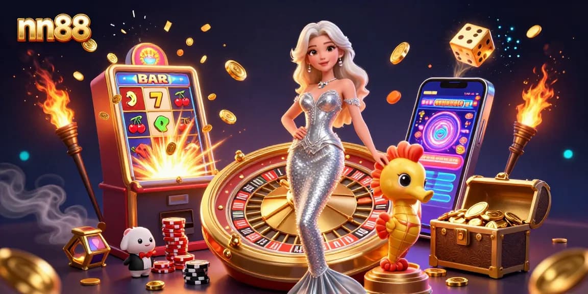 Experience thrilling wins at nn88 with dynamic casino illustrations featuring a roulette wheel and playful characters.