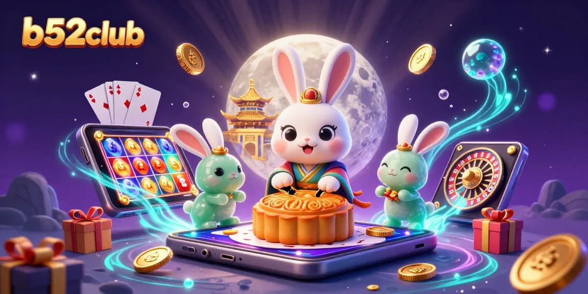 b52club offers thrilling gaming with a moon rabbit in a vibrant casino-themed illustration.
