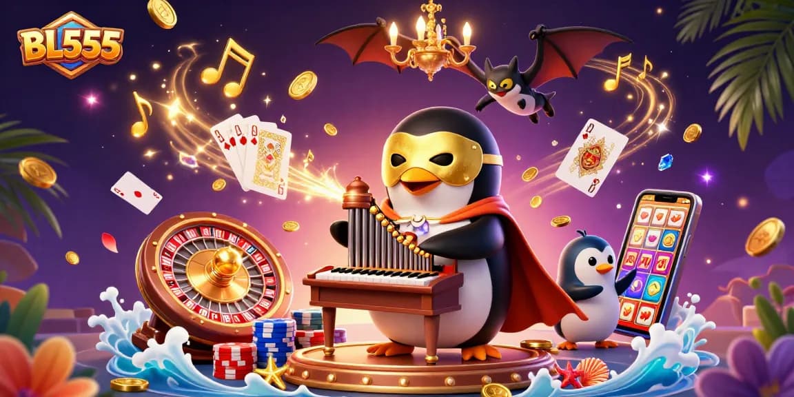 Engage with exciting BL555 games featuring a whimsical penguin, golden coins, and vibrant casino elements.