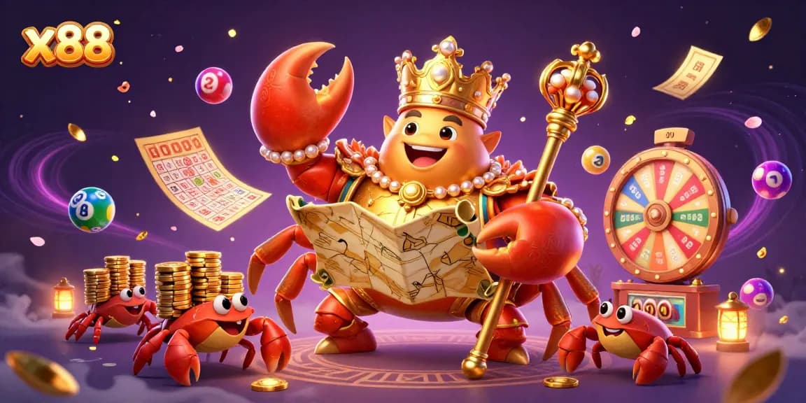 Experience the thrill at x88 with a golden crab emperor leading a lively casino adventure.