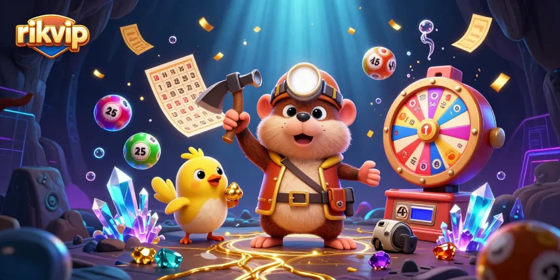 rikvip dynamic gaming scene featuring treasure hunter mole and golden elements