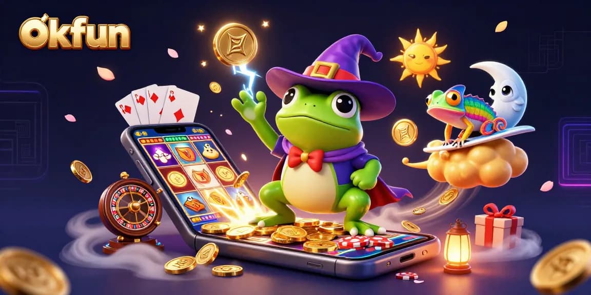 Engage with okfun's vibrant 3D illustration featuring a wizard frog and chameleon amidst a burst of colorful casino elements.