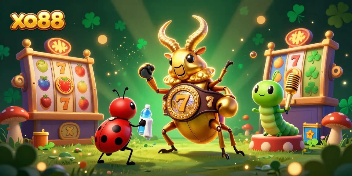 Witness the exciting world of xo88 as a golden stag beetle battles through vibrant slot machines in a dynamic casino scene.