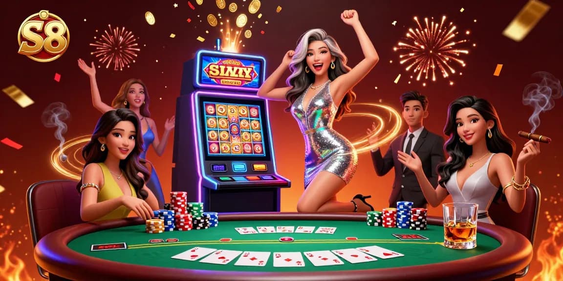 Spin the S8 slot machines to win prizes, featuring dynamic visuals with poker elements and vibrant celebrations.