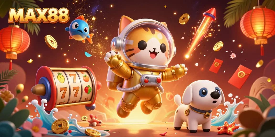 Engage with MAX88 using vibrant 3D slot reels, golden coins, and lively casino elements.
