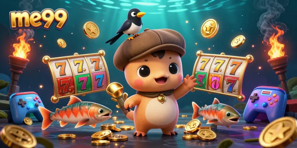 Experience thrills at me99 with a playful Nessie, gold coins, and vibrant slot reels.