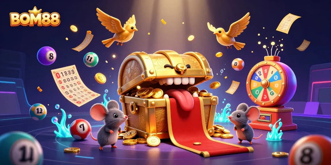 Experience the thrill of BOM88, featuring a vibrant scene with dynamic casino elements and captivating characters.
