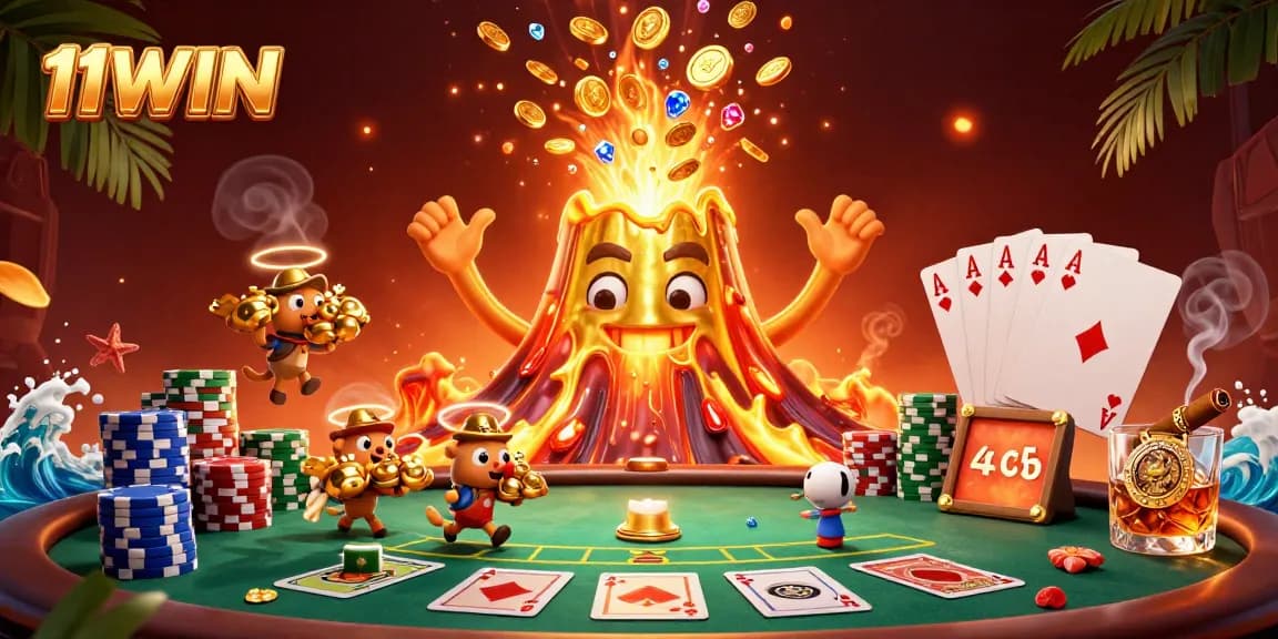 Win big at 11WIN with a vibrant casino scene of treasures and triumphant characters.