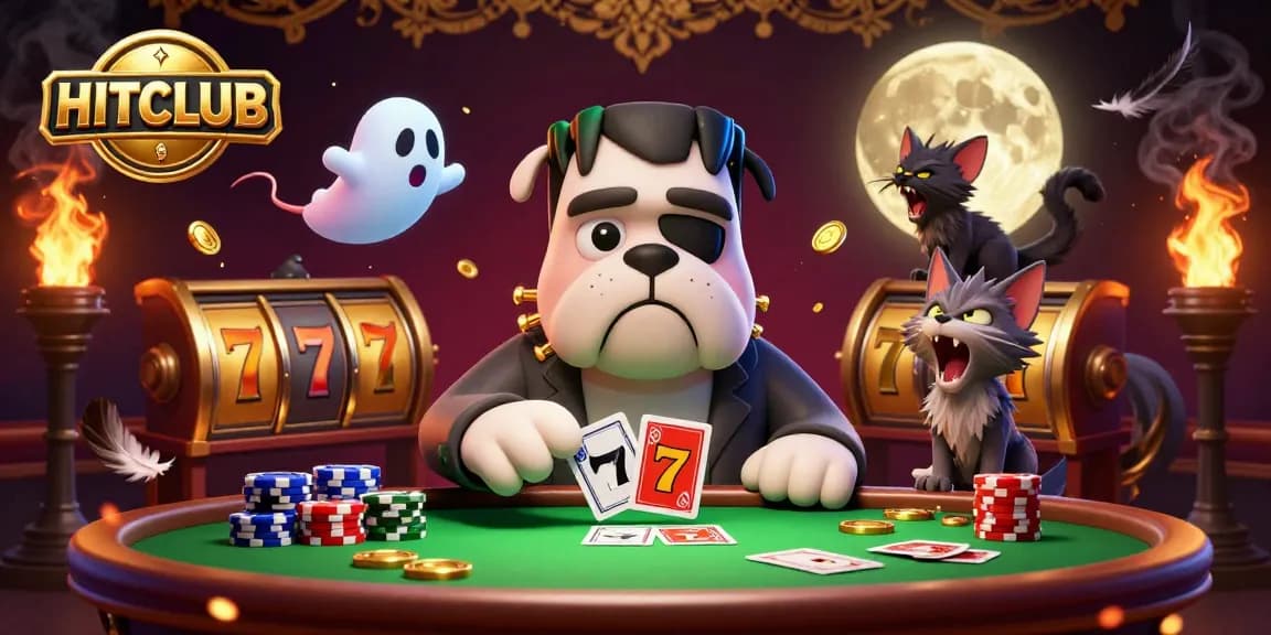 Engage with HITCLUB: A lively 3D cartoon scene depicting a bulldog monster dealing cards amidst vibrant slot reels.