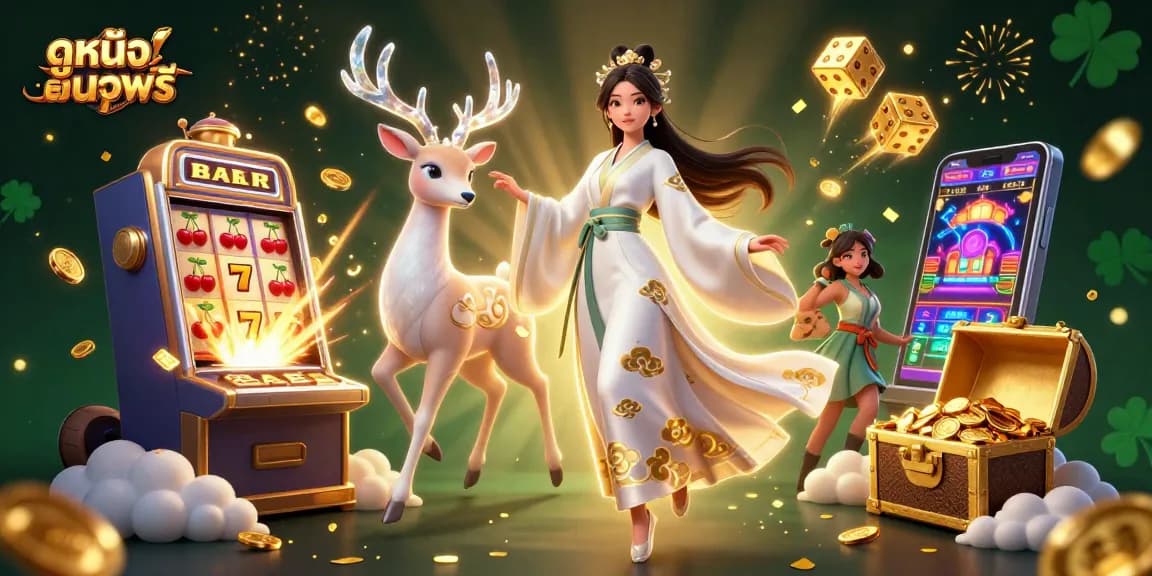 Experience ดูหนังออนไลน์ฟรี with exciting casino elements in a vibrant, illustrative scene featuring dynamic characters.