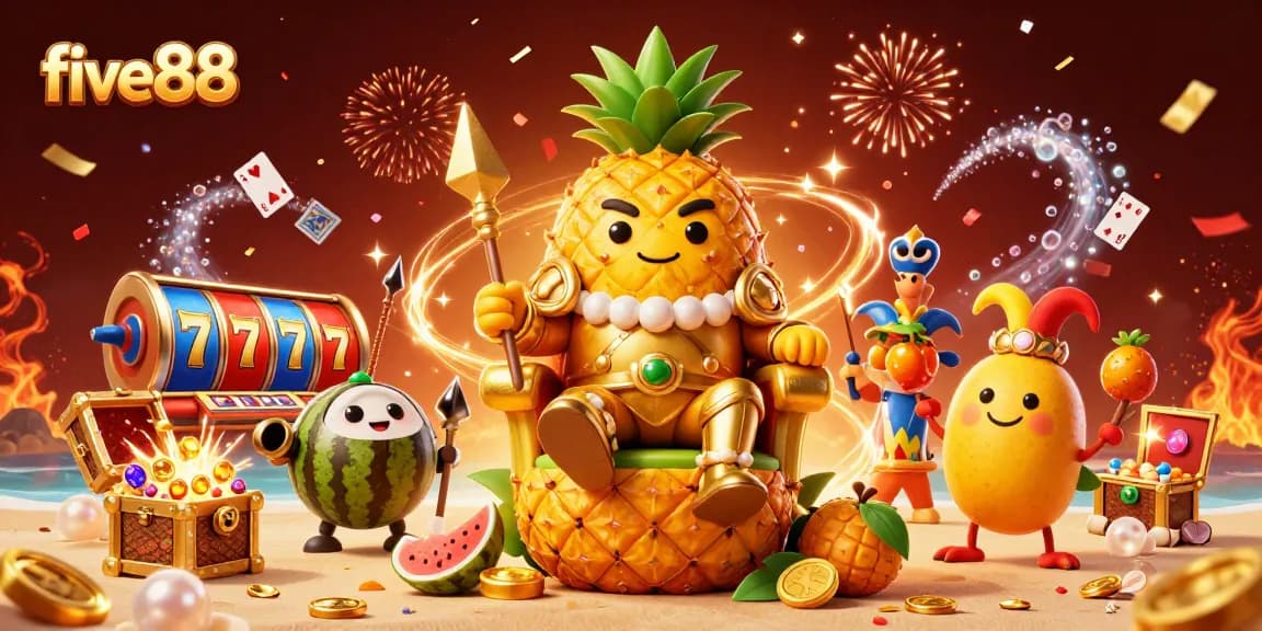 Spin the reels and win at five88 in this vibrant 3D casino scene with enchanted characters and treasures.