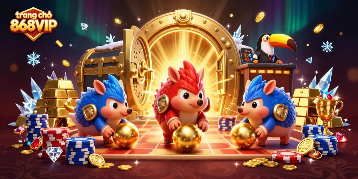 Engage with the vibrant scene featuring trang chủ 868VIP as pangolins roll poker chips amidst golden treasures.