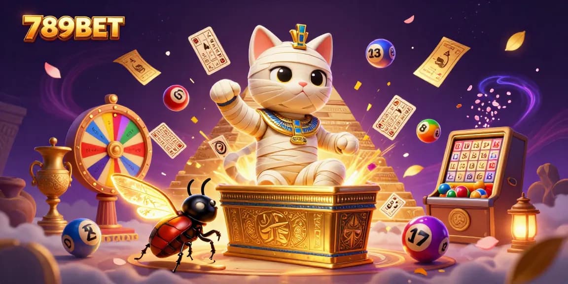 Immerse yourself in the vibrant world of 789BET as a mummy cat bursts from a sarcophagus in a lively casino scene.