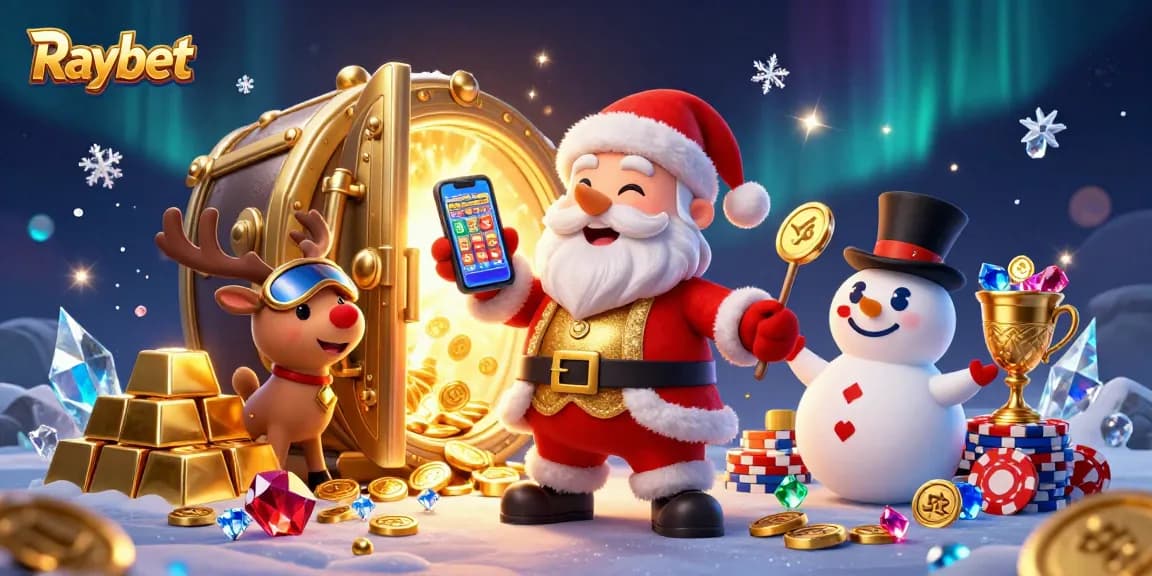 Experience thrilling jackpots at Raybet while enjoying a festive 3D casino scene.