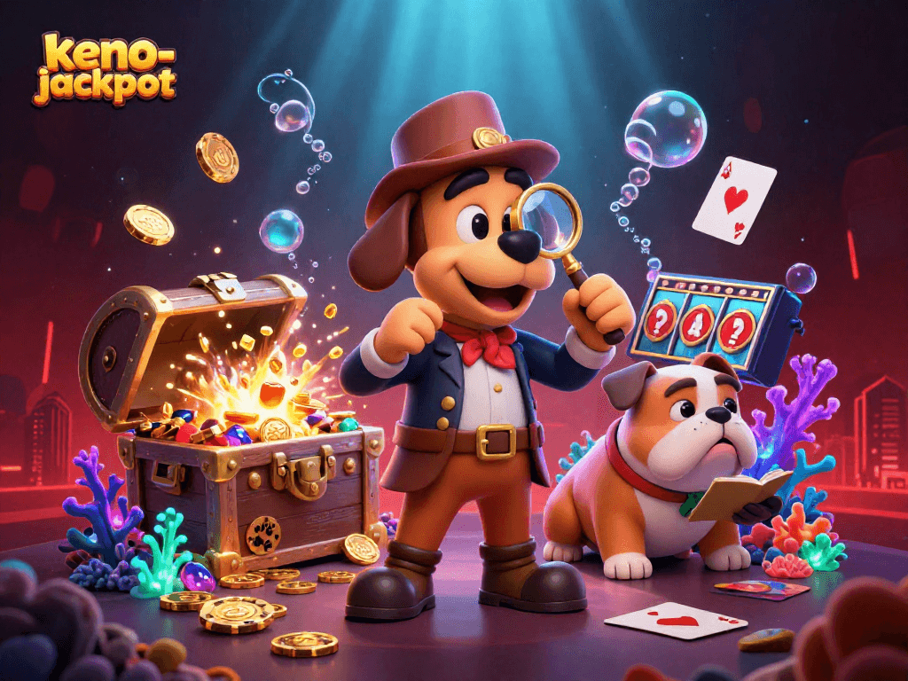 Engage with keno-jackpot strategies through an adventurous casino-themed illustration featuring detectives and treasure.