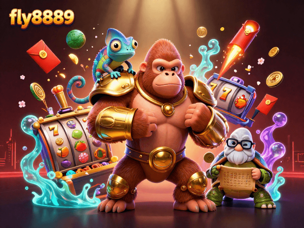 Spin the slots and win big with fly8889 in this vibrant 3D casino scene.