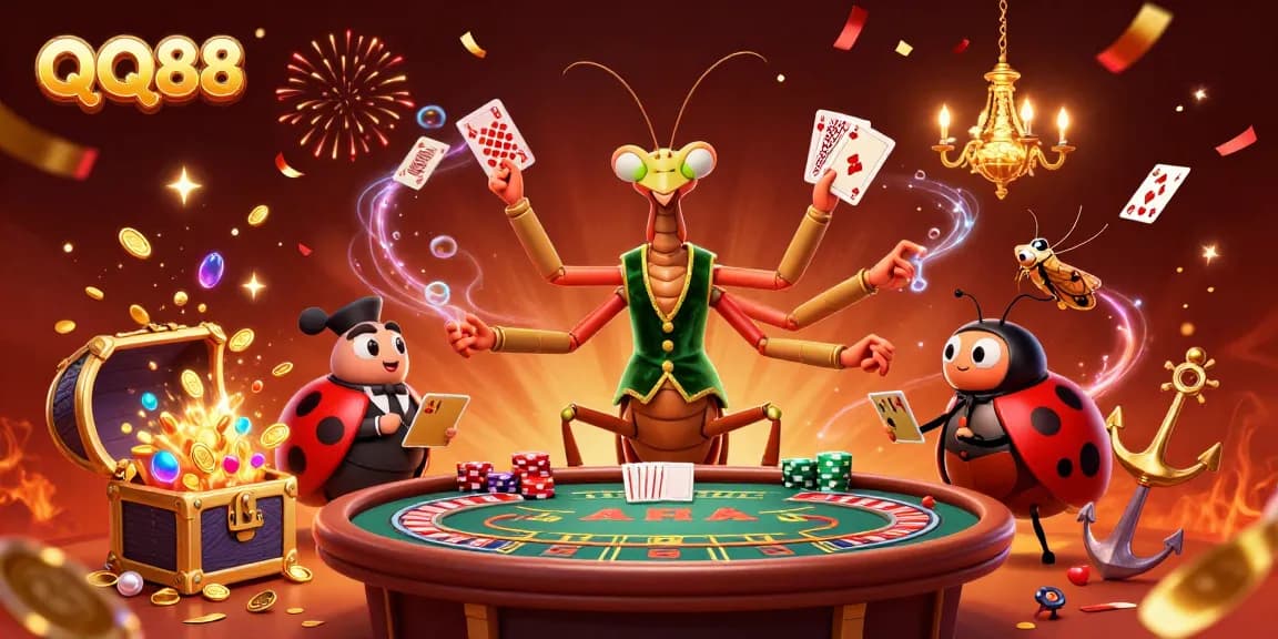 Experience QQ88's thrilling atmosphere with vibrant cartoon characters in an energetic gambling scene.