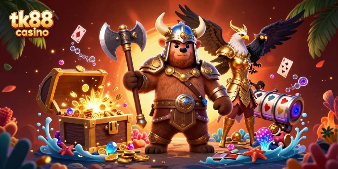 Engage in thrilling adventures at tk88 casino, featuring a Viking berserker, Valkyrie eagle, and floating slot reels.