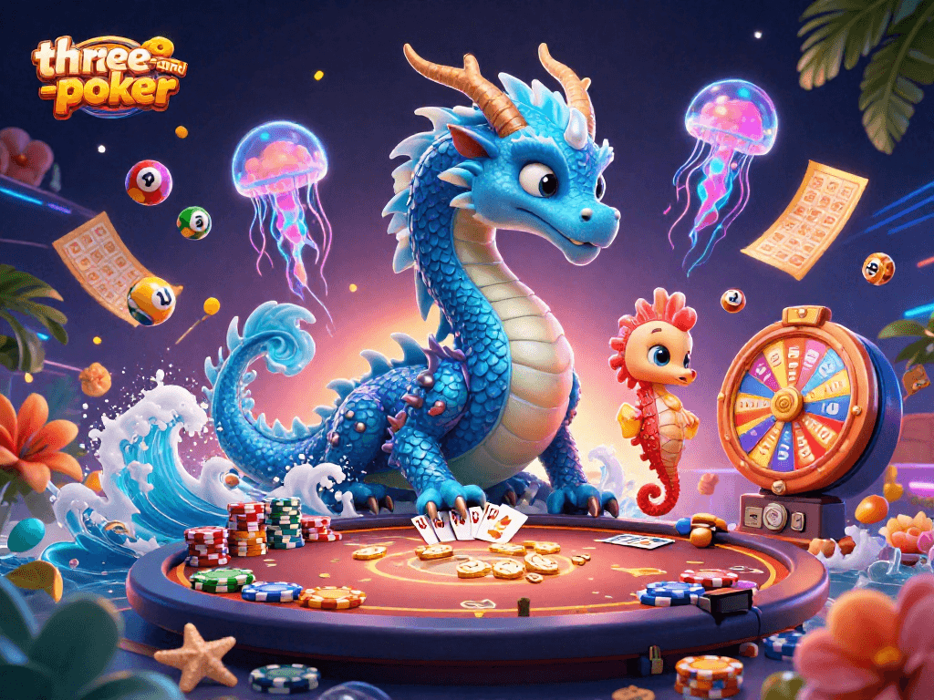 Engage in thrilling three-card-poker with dynamic poker tables and vibrant casino elements.