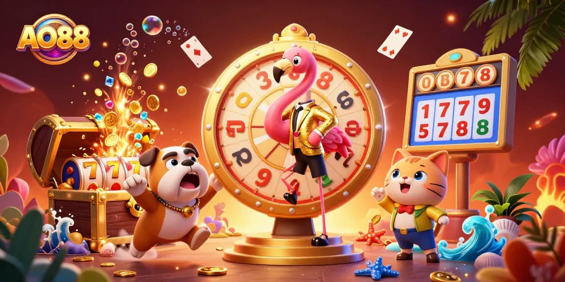 Experience the thrill of AO88 with a lively game show scene featuring vibrant characters and casino elements.