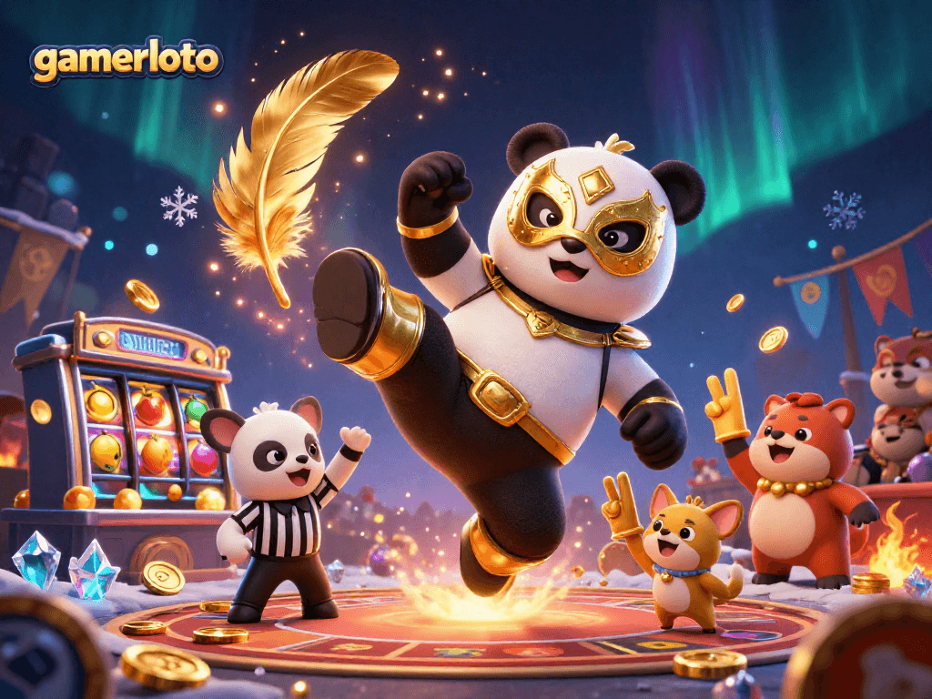 Experience the excitement of gamerloto with a dynamic 3D illustration featuring a flying wrestler panda and lively casino elements.