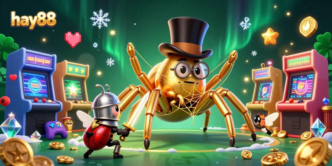 Experience the excitement of hay88 with a playful golden tarantula and knight in a vibrant casino setting.