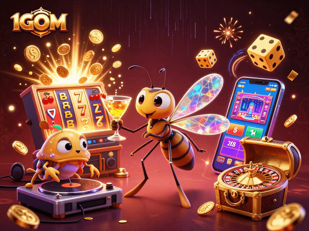 Experience thrilling action at 1GOM with a 3D illustration of a vibrant casino scene featuring iconic gaming elements.